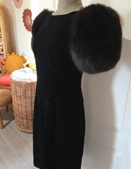 Vintage 1980s Victor Costa Black Velvet Dress with Mink Puff Sleeves, Size 6?