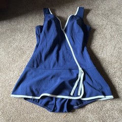 Vintage 1970s Sears Navy Blue One Piece Swimsuit White Trim Retro Mod Size 16
