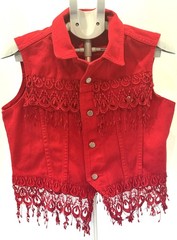 Vtg 90s Watch LA Red Jean Denim Vest Embroidered Lace Details Size Women’s Large