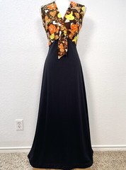VTG 1970s Womens SMALL Brown Floral Polyester Empire Sleeveless MAXI DRESS NOS