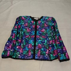VTG Laurence Kazar Sequin 100% Silk Geometric Blazer Jacket Colorful Festivel-L-