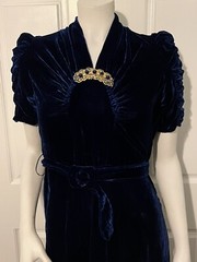 Vintage Antique 1930s Royal Blue Bias Cut Velvet Dress W/Stone Brooch Hat Belt