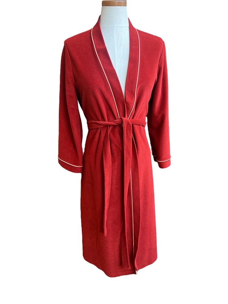 Vintage Vanity Fair Full Length Rust Red Velour Belted Robe Size M Pink Trim