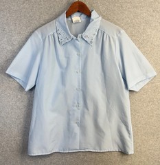 VTG Nikki Size 14 Light Blue Short Sleeve Blouse Eyelet Lace Collar Made in USA
