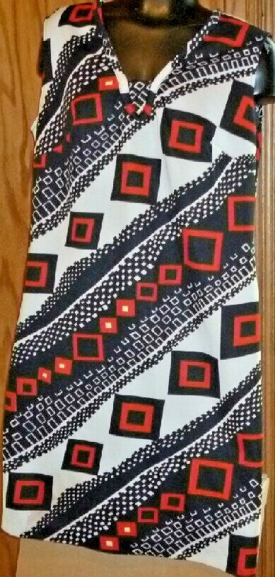 Vintage 1970s MOD abstract geometric white black red sleeveless Dress, no tags