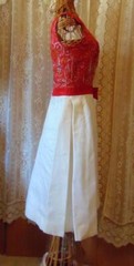 VTG 50S RED & WHITE OVERLAY DRESS GOLD & SILVER METALIC EMBROIDERY PETITE SM 32B