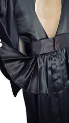 Vintage 1980s black satin peplum dress puffed sleeve 1940s Victorian midi S