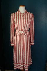 Vintage Liz Claiborne Dress Pink Polka Dots Stripped Belt Button Retro Pin Up 10