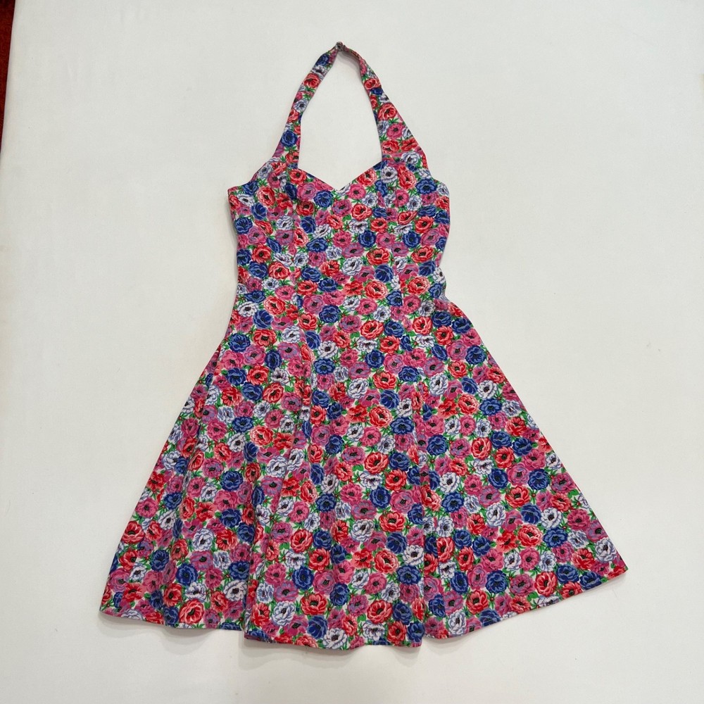 Vintage 90s Joni Blair Sweetheart Halter Dress Sz 9 Pink Purple Floral Summer
