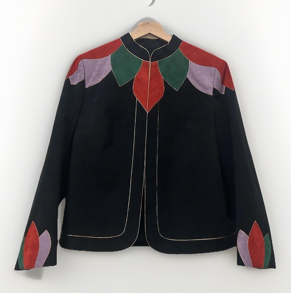 Vtg 80s 90s Ultrasuede Color Block Appliqué Short Jacket Retro Statement S/M