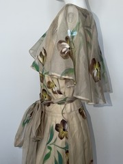Vintage 1930s Hand Painted Cream Elegant Silk Chiffon Organza Garden Party Gown