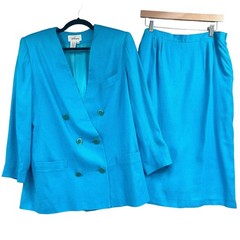 VTG 80s Worthington 2 Piece Skirt Suit Womens 16 Turquoise Linen Coastal Grandma