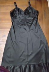 Vtg 70s black nylon lace chiffon trim Full slip dress Size S M ? glam goth READ