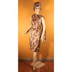 1950s Gray and Purple Floral Dress with Matching Jacket & Hat Three Piece Outfit