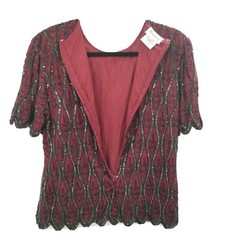 stenay Small Vintage silk beading evening blouse womens maroon red black
