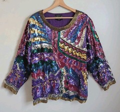 80s 90s Vintage Sequin Beaded Silk Top Art To Wear Cocktail Evening 2X Plus Glam