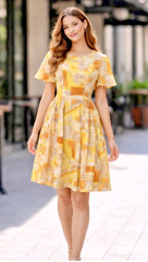 Vtg 60’s MCM Women’s S Mod Day Dress Abstract Geometric Print Flutter Sleeve EUC