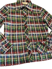 VTG 70s JC Penney Fashions Button Up Poly Tartan Plaid Shirt Top Wide Lapel M**