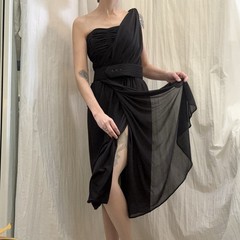 Vintage Victor Costa Black One Shoulder Chiffon Evening Dress 1970s 80s XS/S