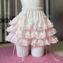 White Pink Ruffled Petticoat Skirt with Ribbon, Elastic Waist, Matching Bloomers