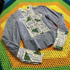 70’s Vintage Blue Chambray White Green Patchwork Prairie Blouse Peplum Top