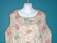 Vtg 60s Snap Front House Dress Duster Green Pink Roses on Off White Sz L