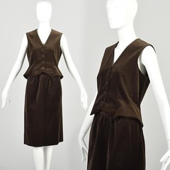 Small 1970s Halston Brown Velvet Two Piece Set Vest and Skirt Button Up Vest