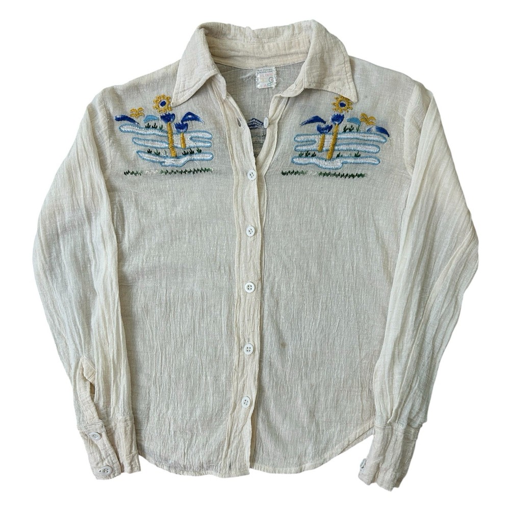 VTG 1970s Scenic Floral Embroidered White Gauze Cotton Button Up Womens Sz M