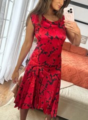 Vintage Albert Nipon 100% Silk Red Black Floral Drop Waist Midi Dress Bow