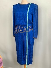 Vintage 80s Silk blue dress D’Ore with beautiful beading, glam