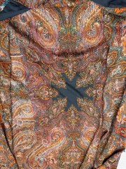 Antique Paisley Tapestry Kashmir Robe or Jacket Red Orange Fringe AS IS