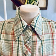 1970s Green Plaid Western Shirt Hippie Cowboy Cowgirl Country Disco Boho