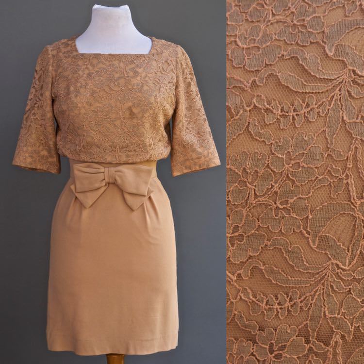 VTG 60s Pin Up Bombshell Party Cocktail Dress Lace Bodice Bow In Front XS S