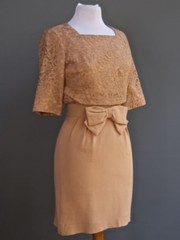 VTG 60s Pin Up Bombshell Party Cocktail Dress Lace Bodice Bow In Front XS S