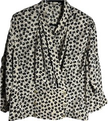 Vtg 80s Monochrome Floral Wrap Power Blouse Hand Painted Rose Buttons Office M