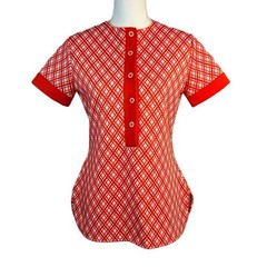 JCPenney Womens True Vintage 70s Top M Orange Geometric Knit Retro Mod Kitchy