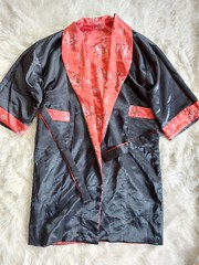 Oriental Black and Red Satin Reversible Dragon Embroidery Kimono Robe Siz XL