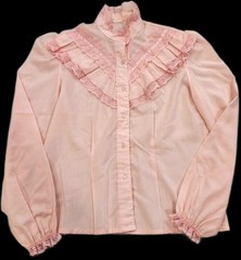 Vtg 1970s Victorian Top Blouse Lace Ruffled Shirt Pink Long Puffed Sleeve Small