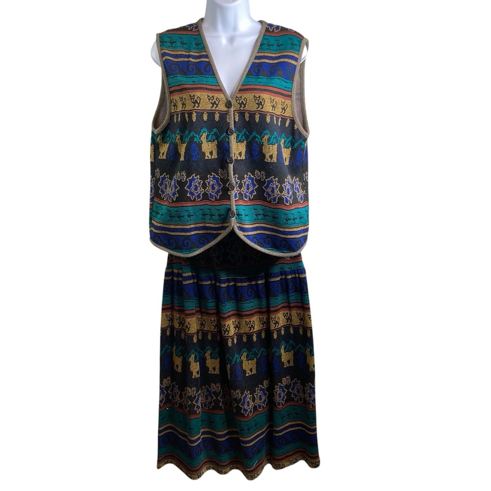 VTG 80s Melrose Knits By Christian De Castelnau Aztec Vest Skirt Set Size S/M