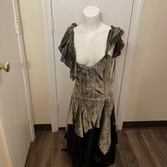 Vng 80s Nuance Gold Metallic Stripe & Black SATIN Asymmetric Disco Size 9 Midi