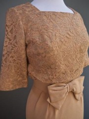 VTG 60s Pin Up Bombshell Party Cocktail Dress Lace Bodice Bow In Front XS S