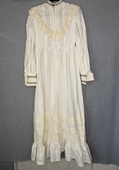 Vintage Dress 70s Gunne Sax Style Edwardian White Lace Cream High Neck Prairie S