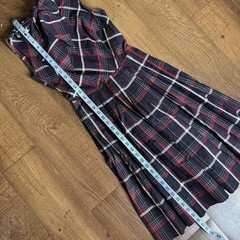 Vintage 1950s Black Red Tartan Plaid Dress Neck Tie Sleeveless Fit Flare XS