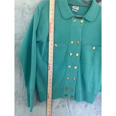 Chanel Vintage Cashmere Skirt Suit Teal Green Gold CC Buttons Scotland Sz 8 10