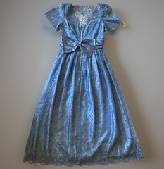 Vintage 70s 80s Maxi Dress Romantic Blue Satin Lace Cottagecore Puff Sleeve Gown