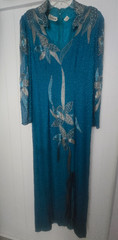 Vintage VINNIE Long Green, Teal, Silk Beaded Dress size XL