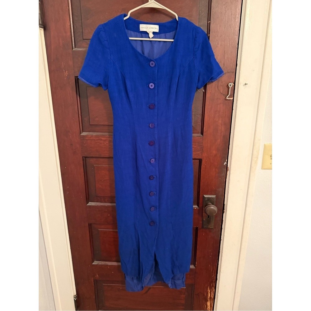 Maggy London Cobalt Blue Button-Front Vintage Linen blend Midi Dress