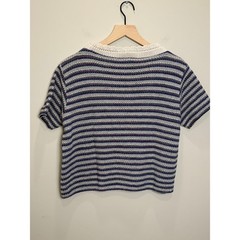 VTG 90s Crochet Knit L Striped Sweater Top USA Made Boxy Crop Coastal Cotton