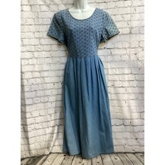 Vintage Denim Embroidered Maxi Dress Blue eyelet Cottagecore Tie Back