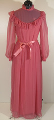 VTG 1970’s Maxi Dress~Pink~Collar~Long Sleeve~Bow~Ruffles~Union Made~Sheer~BOHO